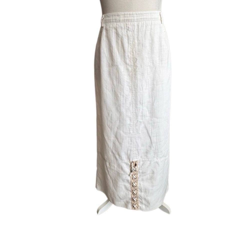 Creation Charmante Classic White Linen Maxi Skirt with Lace-Up Detail